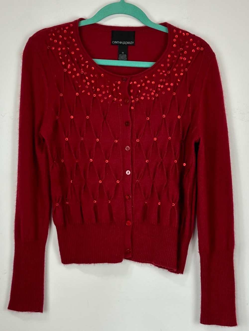 Cynthia Rowley Red Angora Wool Sequin Cardigan Sweater M Coquette Feminine